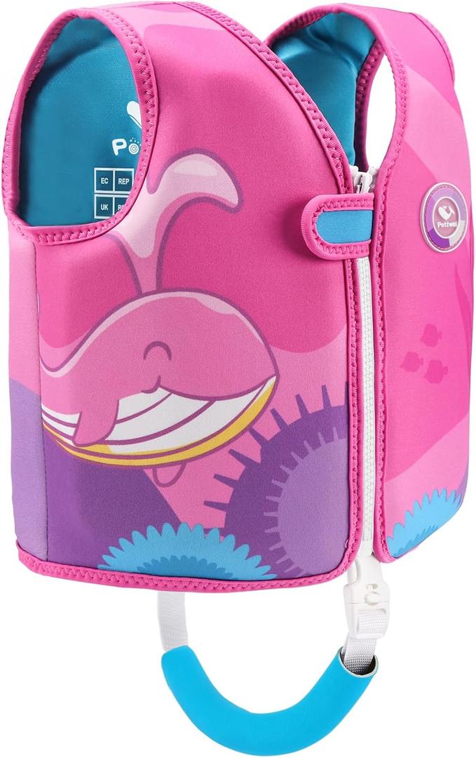 Pottwal Swim Vest for Kids - Swim Jacket - Made of Neoprene & EPE - with Adjustable Crotch Strap (Small, 8 Pockets - Pink)