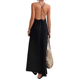 Verdusa Women's Backless Cami Dresses Linen Maxi Dress Sundress Open Back Vacation Beach Summer Outfits, Large, Black