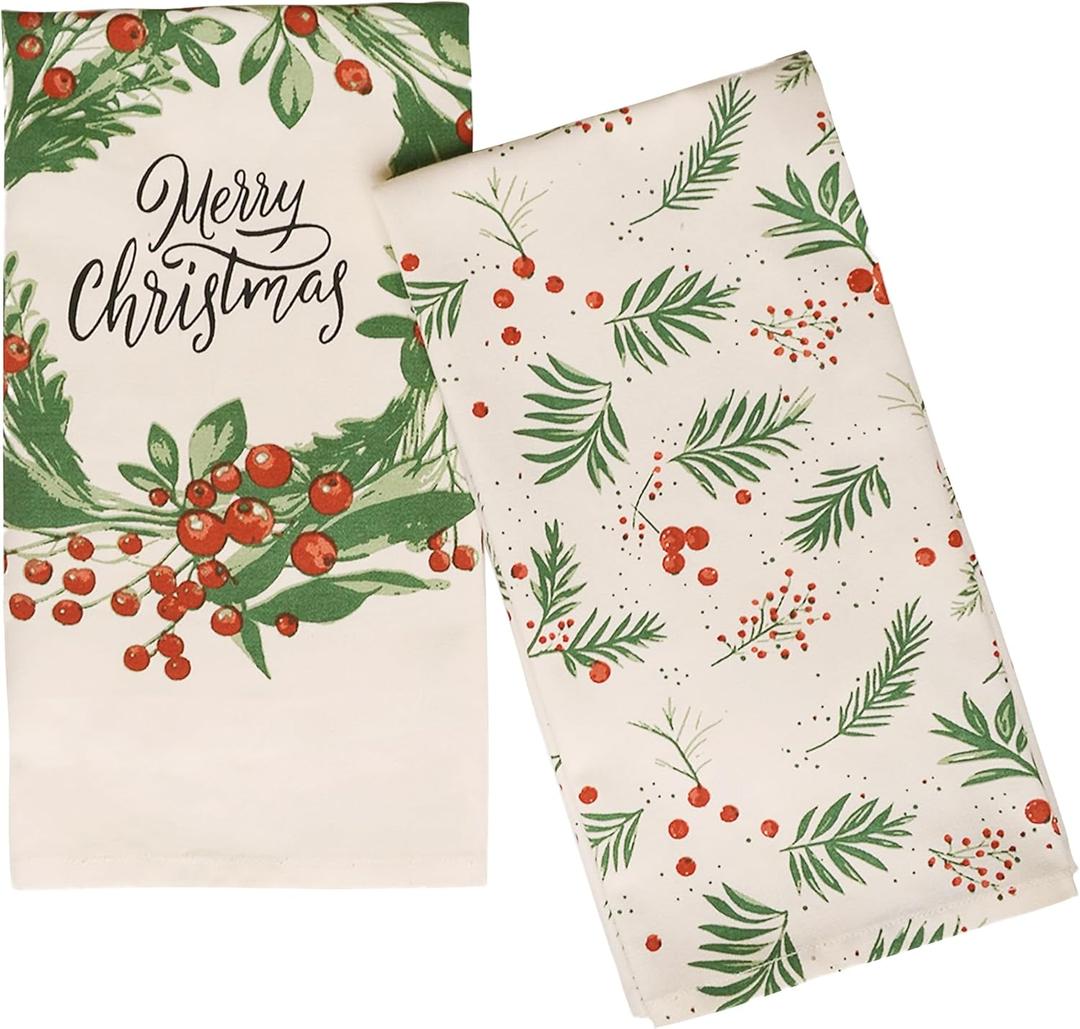 The Fine Living Co. 100% Cotton Kitchen Towels Set of 2, 18 x 28 inches, Merry Christmas Printed Dish Towels, Hand Towels, Boho Tea Towels - Multifunctional, Stylish, Absorbent, Quick Dry, Soft