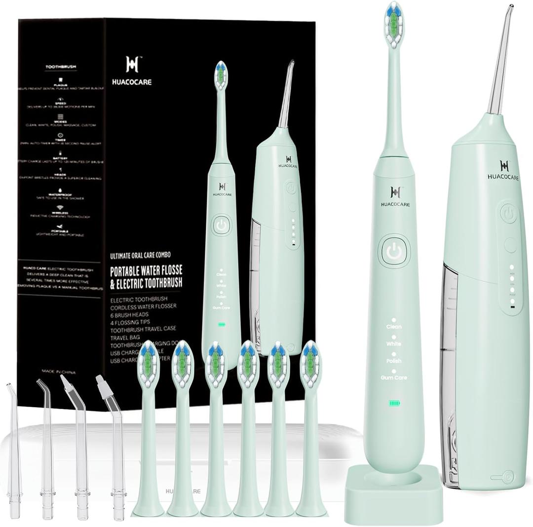 2-1 Oral Clean Kit- Water Dental flosser & Electric Toothbrush Combo- Brushing & Flossing- for Teeth Cleaning and Gum Health (Light Green)
