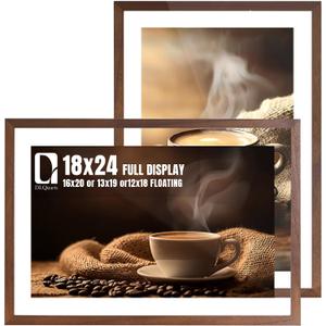 DLQuarts 18x24 Floating Picture Frame for 16x20/13x19/12x18/11x14 Photos, 2-Pack Solid Wood Double Plexiglass Wall Art Frames, Any Size Photo up to 18x24 Display, Dark Walnut