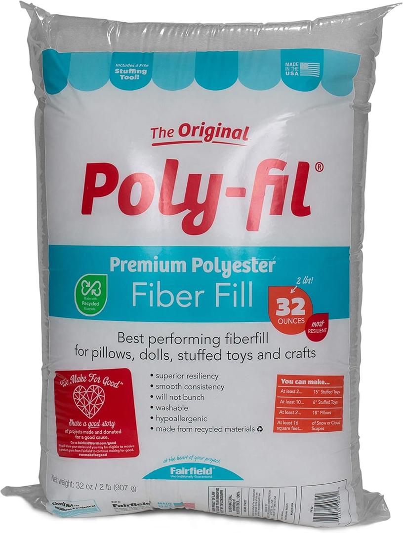 Fairfield The Original Poly-Fil, Premium Polyester Fiber Fill, Soft Pillow Stuffing, Stuffing for Stuffed Animals, Toys, Cloud Decorations, and More, Machine-Washable Poly-Fil Fiber Fill, 32-ounce Bag (White)