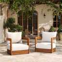 Christopher Knight Home Chloe Acacia Wood Lounge Chair Outdoor Set of 2, Curved Tub Design Accent Chairs with Weather Resistant Cushion, Comfy Low Profile Reading Seating for Backyard, Teak+ Beige