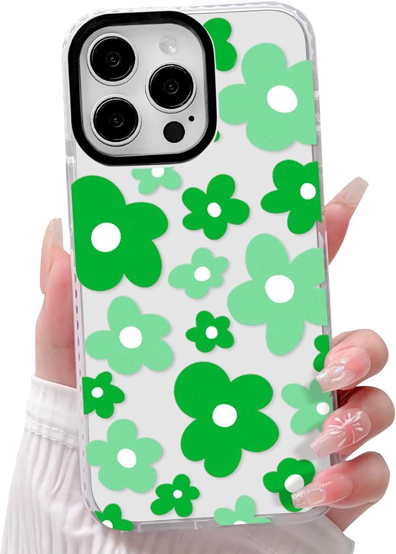 NITITOP Compatible with iPhone 14 Pro Case Cute Clear for Women Girls Green Flower Floral Pattern Ultra Slim with Bumper Protector Soft TPU Anti-Yellow Protective Phone Cover - Green
