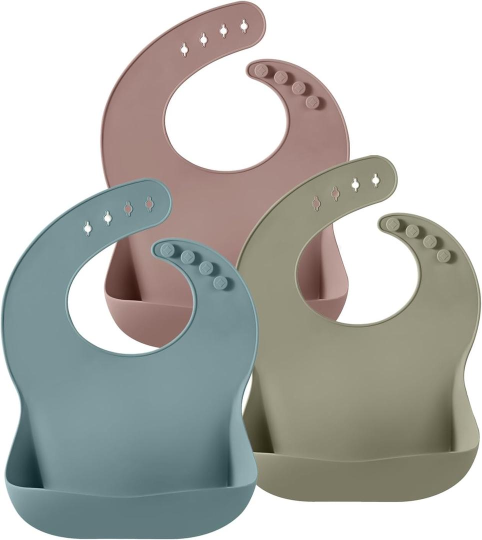 PandaEar 3 Pack Silicone Bibs for Babies - Waterproof, BPA Free, Soft Durable Bibs for eating with Pocket Food Catcher