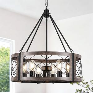 22" Rustic Chandeliers for Dining Room, 6-Light Farmhouse Dining Room Light Fixture Over Table, Metal Brown Wood Grain Finish Hanging Lighting Fixtures Chandelier for Foyer Entryway Living Room, Brown, 22 inch