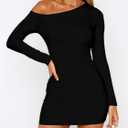 ForeFair Women's Off The Shoulder Long Sleeve Mini Dresses Double Lined Ruched Bodycon Club Party Going Out Outfits (Black, S)