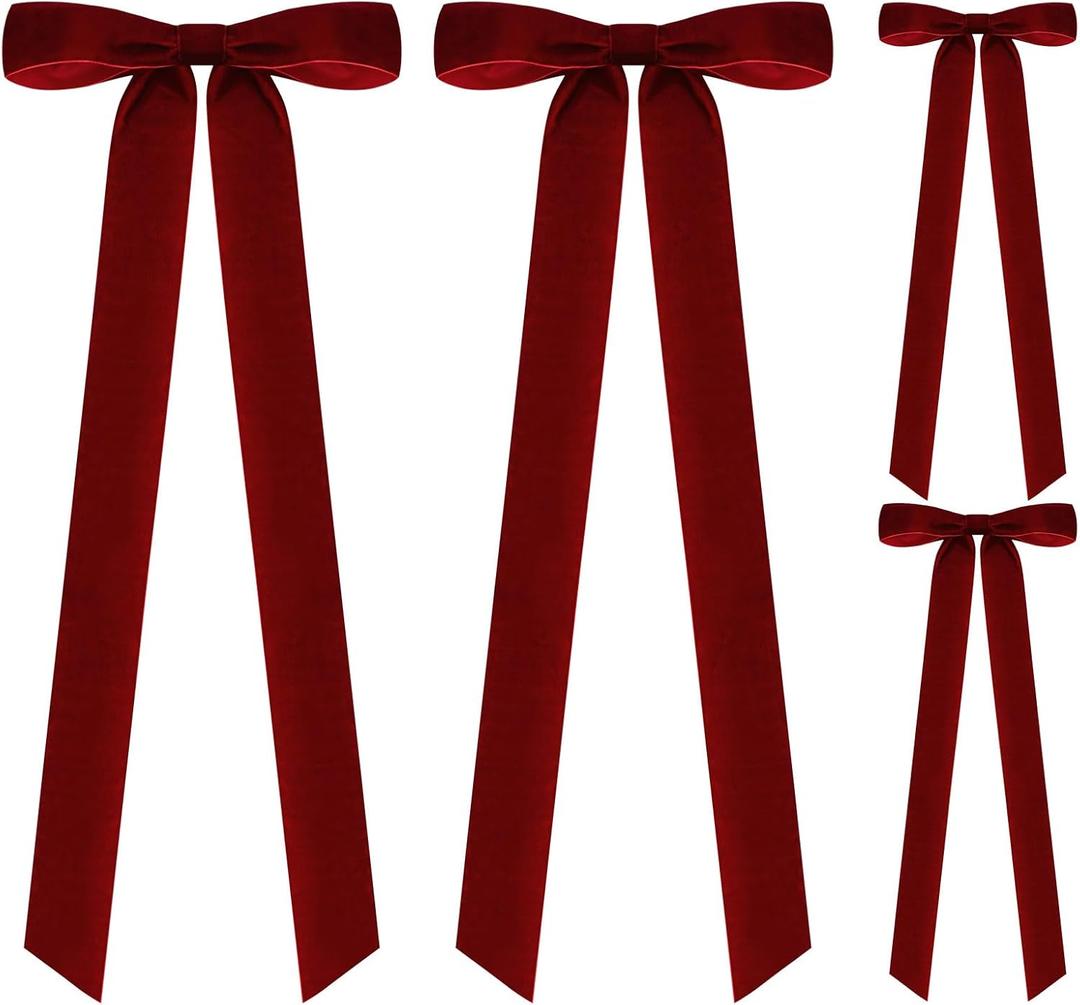 4 PCS Burgundy Velvet Bows for Christmas Tree, 23.5 X 8.7 Inches Large Christmas Bow, Big Vintage Christmas Decor for Wreath