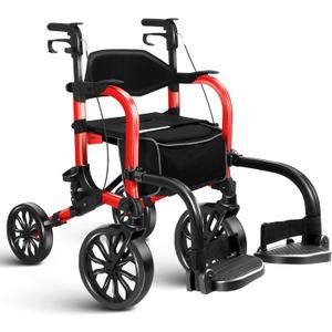 Foldable Rollator Walker with Seat for Seniors & Adults Lightweight 2-in-1 Walker and Wheelchair Combo Adjustable Handle Height Transport Chair with Brakes 300 Lbs Weight Capacity (Red Hd-all Terrain(10" Front and 8" Rear Wheels))
