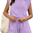OFEEFAN Rompers for Women Summer Cap Sleeve Adjustable Drawstring Waistband Crewneck Casual Outfits with Pockets Size S