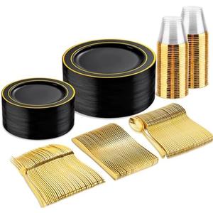 bUCLA 150 Pieces Black and Gold Disposable Dinnerware Set - 25 Guests Black Gold Plastic Plates Include 25 Dinner & 25 Dessert Plates, 25 Spoons, 25 Forks, 25 Knives, 25 Cups for Party & Halloween