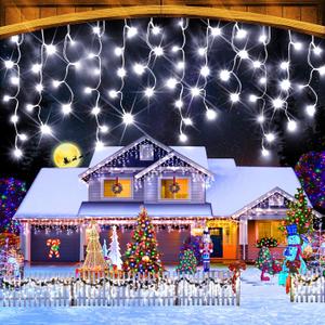 KNONEW 131.2ft 1280 LED Christmas Lights Outdoor Decorations with 240 Drops, 8 Modes Timer Indoor Curtain Fairy Light, Waterproof LED String Light Decor for Wedding Party Christmas(Cool White)