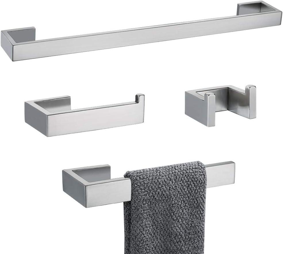 TNOMS 4 Pieces Bathroom Hardware Accessories Set Towel Bar Towel Holder Robe Hook Toilet Paper Holder Stainless Steel,Q8-P4BR (Brushed Nickel)