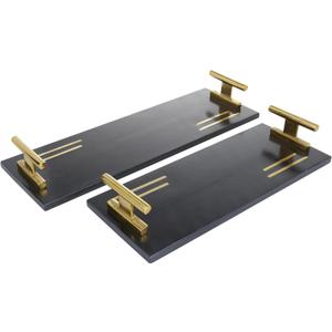 Deco 79 Marble Living Room Decor Tray Ottoman Tray with Gold Handles, Set of 2 Serving Tray 22", 18"W, Black