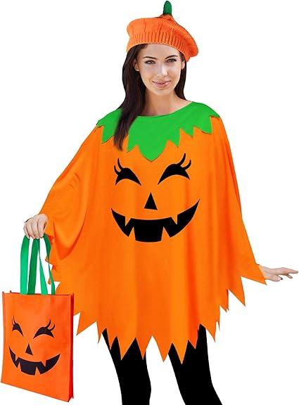 3 PCS Pumpkin Costume for Women Adults, Poncho With Beret and Candy Bag, Halloween Costume