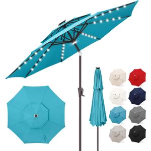 FLAME&SHADE 2 Tiers 9ft Solar Light Patio Umbrella, 40 LED lights outdoor umbrella with Centre Surround Light, Table Market Umbrella for Deck, Pool, Porch, Backyard, Garden (Aqua Blue)