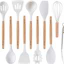 Silicone Cooking Utensils Set, MONGSEW Heat Resistant Kitchen Utensils for Cooking with Wooden Handle, Spatula Turner Spoon Tongs Whisk (WHITE, Smile Dog Pattern)