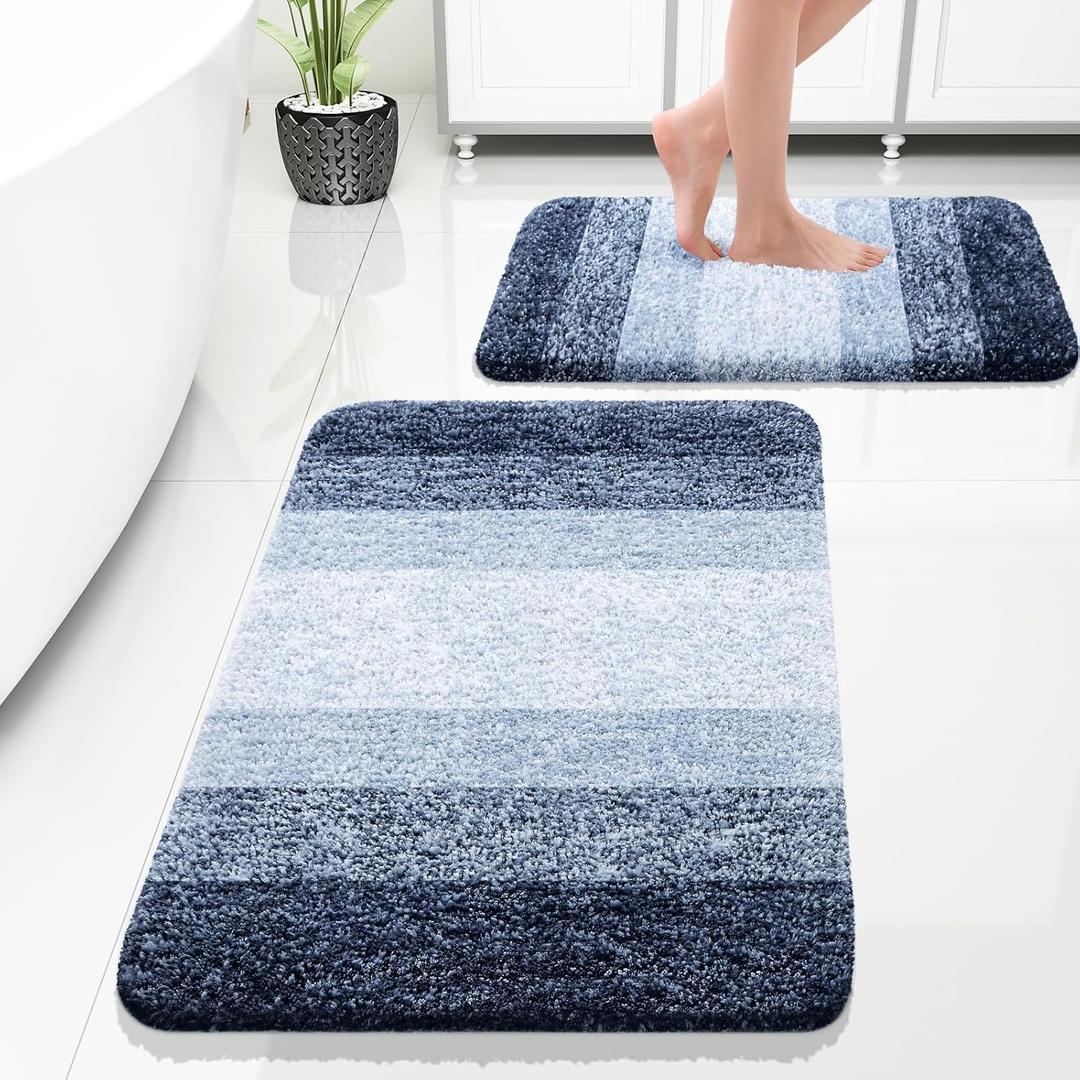 OLANLY Bathroom Rug Set 2 Piece, Soft Absorbent Microfiber Bath Rug Set, Non-Slip, Machine Wash Dry, Plush Shaggy Bath Mats for Bathroom (30"x20"+24"x16", Dark Blue) (30" x 20" + 24" x 16")