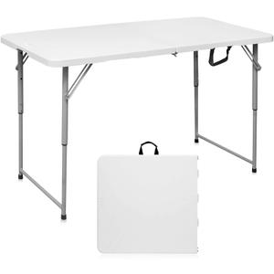 Folding Table 4 Foot Portable Heavy Duty Plastic Fold-in-Half Utility Table Small Indoor Outdoor Adjustable Height Folding with Carrying Handle, Camping and Party,White