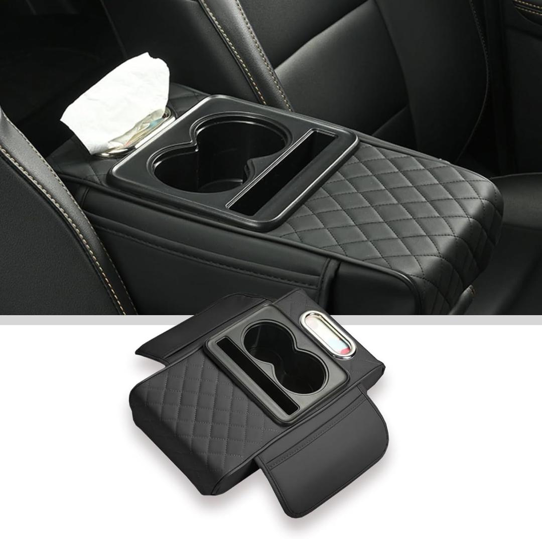 Car arm Rest Cover Pad, 5-in-1 Center Console Cover with Cup Holder, Tissue Box Slot, Mobile Phone Storage Slot, Suitable for Most Car Console Organizer, 13.8''x7.1''x3.0'', (Black)