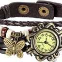 JewelryWe Women Quartz Bracelet Watch Fashion Weave Wrap Around Leather Wrist Watch Classic Bracelet Watch for Summer Beach for Valentine's Day (butterfly-coffee)