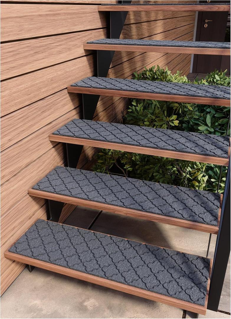 Outdoor Stair Treads Non-Slip 42x10 (6-Pack)  Carpet Treads with Rubber Backing Moroccan Grey