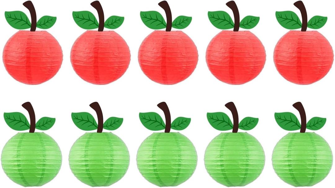 Chinese Cartoon Apple Paper Lanterns - Cute Fruit Hanging Decor for Birthday, Back to School, Classroom, Party, Festival and Home Decoration (10-Pack, 10 Inch, Red/Green)