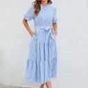 Womens Striped Summer Dress Elegant Ruffled Sleeve Button Down Tie Waist Maxi Shirt Dresses (Blue, XL)