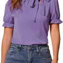 Allegra K Women's Bow Tie Neck Tops Elegant Office Short Sleeve Blouse (Large, Violet)