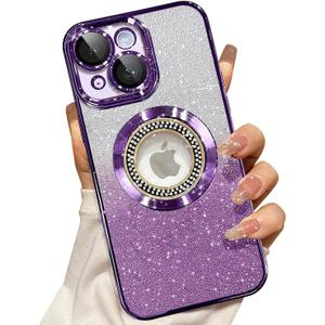 Misscase for iPhone 15 Magnetic Glitter Case Compatible with MagSafe,Full Protection Slim Shockproof Anti-Scratch Case with Camera Lens Protector Logo View Dust-Proof Net for Women Purple