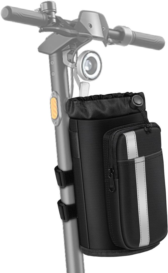 FINPAC Cup Holder for Bike, Universal Water Bottle Holder with Phone Pockets for Stroller Walker Golf Cart Rollator and Scooter, Outdoor, Biking - Black