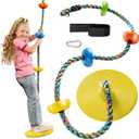 Jungle Gym Kingdom Tree Swing for Kids - Single Disc Seat and Rainbow Climbing Rope Set w/Carabiner and 2.6 Foot Strap - Treehouse and Outdoor Playground Accessories - Yellow