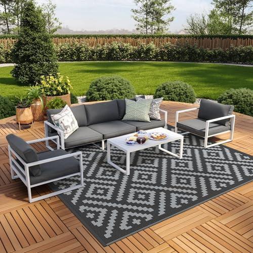 GENIMO Outdoor Rug for Patio Clearance,9'x12' Waterproof Large Mat,Reversible Plastic Camping Rugs,Rv,Porch,Deck,Camper,Balcony,Backyard,Black & Gray