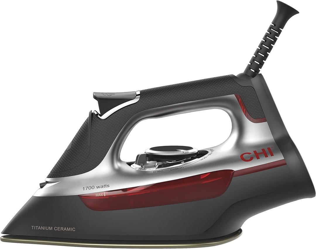 CHI Steam Iron for Clothes with 300+ Holes for Powerful Steaming, Temperature Guide Dial, 1700 Watts, XL 10 Cord, 3-Way Auto Shutoff, Titanium Infused Ceramic Soleplate, Silver (13101)