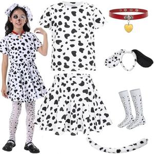 Z-Shop Halloween Dalmatian Costumes Kids, Girls Shirt Tutu Outfit Ears Headband Socks Accessories for 101st Day Of School 6Y