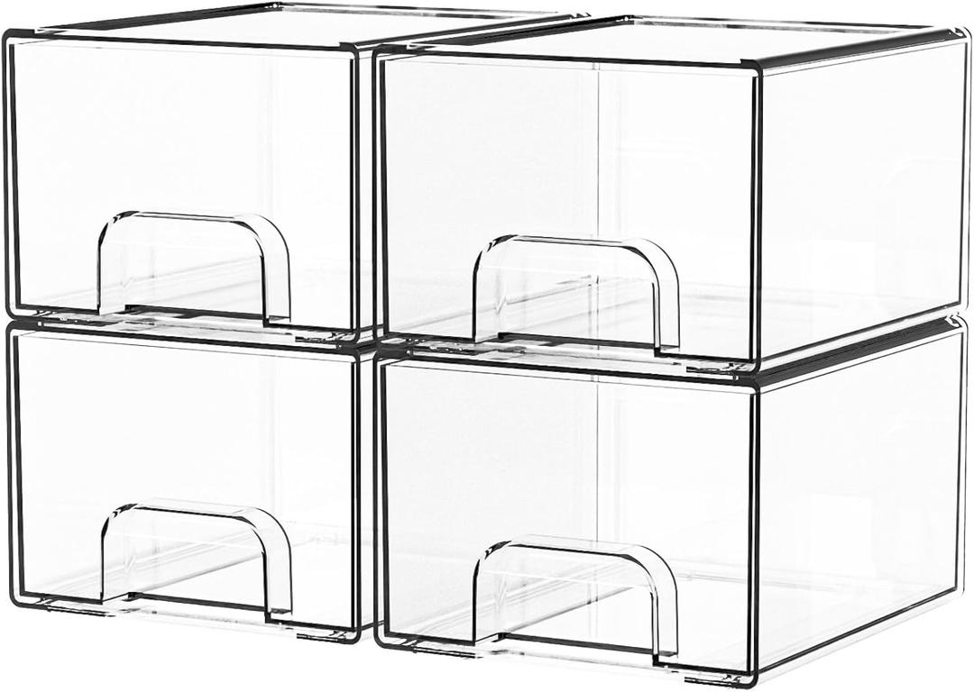 Yieach 4 Pack Clear Stackable Storage Drawers,4.4'' Tall Acrylic Drawer Containers for Organizing,Bathroom Organizers and Storage Bin Box,Plastic Makeup,Medicine Organizer Bins for Cabinet,Undersink