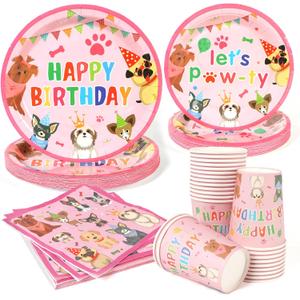 96pcs Dog Birthday Party Supplies Pink Pet Dog Paper and Napkins and Cups Baby Shower Dog Kids Birthday Party Decorations, Serves 24