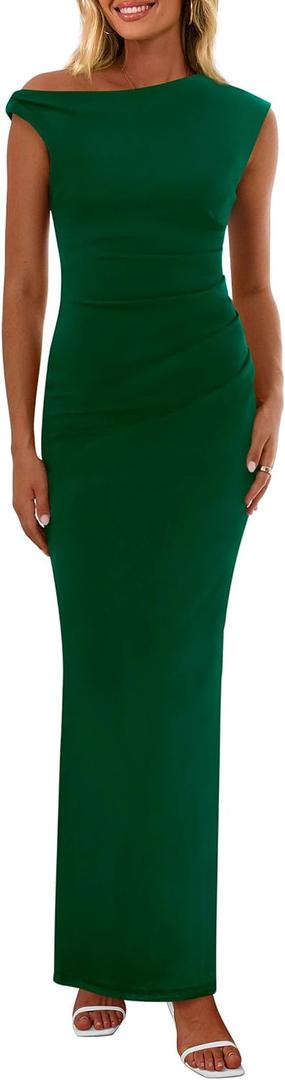 PRETTYGARDEN Women's 2026 Summer Formal Maxi Dresses Sleeveless One Shoulder Bodycon Ruched Mesh Wedding Guest Cocktail Dress (Green, XXL)