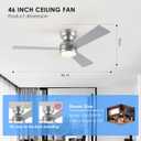 Asyko 46" Silver Low Profile Ceiling Fan with Light and Remote, Modern Flush Mount Ceiling Fans for Bedroom, Living Room, 6 Speeds, Dimmable, Timer, Quiet Reversible