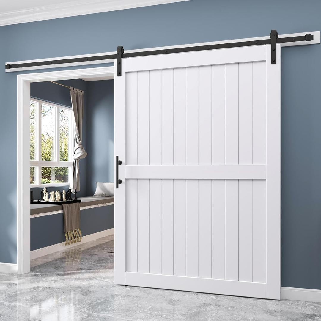 EaseLife 60 x 84 inch White Barn Door with 10FT Sliding Door Hardware Kit Included & Handle,Solid Wood Covered with Waterproof PVC Surface,DIY Assemblely,Easy Install,H-Frame,Fit 56-58in Wide Opening