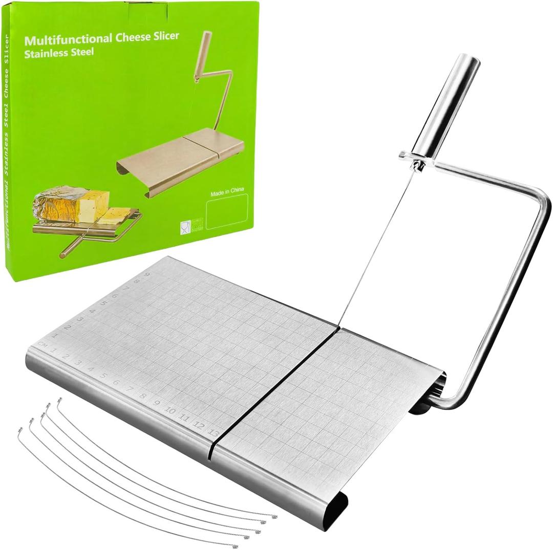 Cheese Slicer with Cutting Board and Measuring Grid, Adjustable Stainless Steel Wire Cheese Cutter for Block Cheese, Includes 5 Replacement Wires, Easy to Clean and Use
