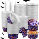 100 Pcs Halloween Mini Aluminum Foil Cupcake Baking Cups with Lids 5 oz Baking Liner Cups Cupcake Containers Pans or Halloween Party Wedding Birthday Party (Round)