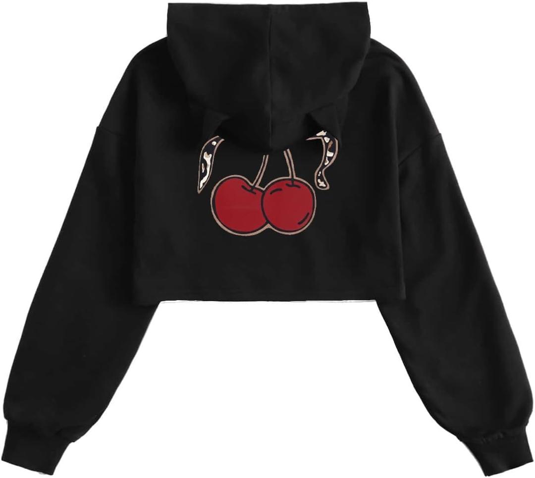 WDIRARA Girl's Cute Cat Ear Crop Tops Long Sleeve Causal Plain Hoodie Sweatshirt Shirt Pure Black Solid 8Y (Black)