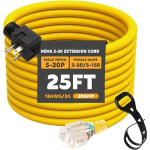 Kanayu 25FT NEMA 5-20 Extension Cord, 5-20P Male Plug to 5-20/5-15R Female Receptacle, 20 Amp T-Blade Outlet Extension Power Cord with Indicator Light, 12 AWG, ETL Listed