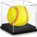 Baderke 1 Pcs Softball Display Case Acrylic Softball Baseball Stand Holder UV Protected Memorabilia Ball Box Clear Display Cube for Sports Ball Storage (Remove the Protective Film Before Use)