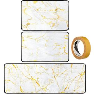 3 Pcs White and Gold Kitchen Rugs and Mats Set Anti Fatigue Marble Floor Mat Farmhouse Non Slip Washable White Gold Marble Kitchen Accessories for Floor Carpet Home Indoor Decor