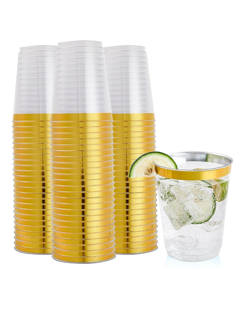 FOCUSLINE 12oz Gold Plastic Cups, Disposable Clear Fancy Hard Plastic Cups, Gold Rimmed, Heavy Duty, Reusable,100 Count