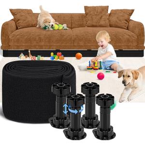 Under Couch Blocker for Pets &Toys, Under Bed Blocker for Furniture Gap Guard Stops Lost Toys, Adjustable Elastic Strap with Level Feet Easy Install Fits Right-Angle Furniture Legs (L132 H5) (Black)