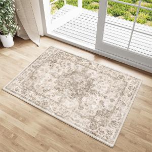 2x3 Washable Neutral Area Rug Brown Vintage Entryway Kitchen Carpet Non-Slip Soft Low Pile Farmhouse Indoor Small Throw Rug for Bedroom Bathroom Entrance