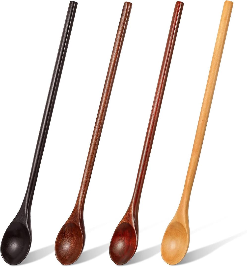 4 Pcs 13 Inch Long Handle Wooden Spoons for Cooking Long Handle Tasting Tea Spoon Wooden Utensils Vintage Stirrer for Kitchen Soup Coffee Cocktail Honey Mixing Stirring, 4 Colors